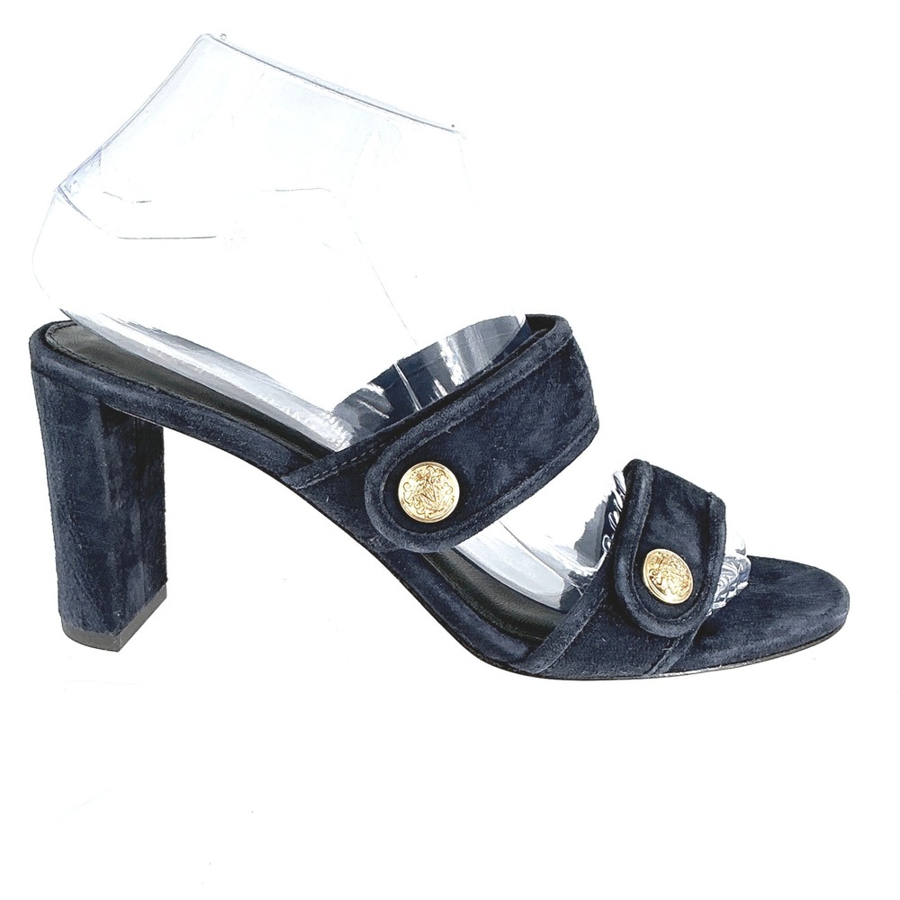 Veronica Beard Size 7 Navy Suede Crest Button Slides Heels Mules Sandals Galea